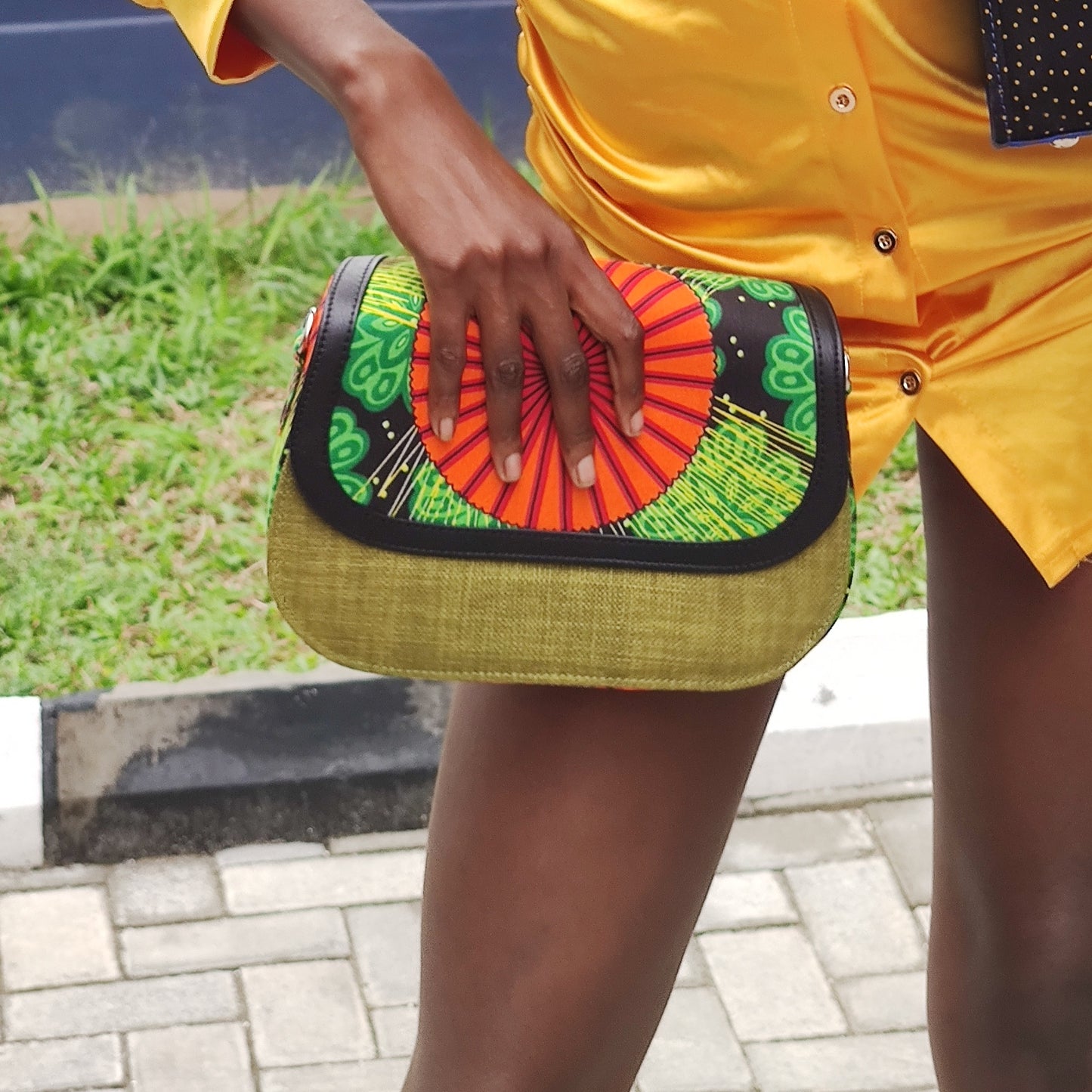 Ojo Raffia + Ankara Saddle Bag