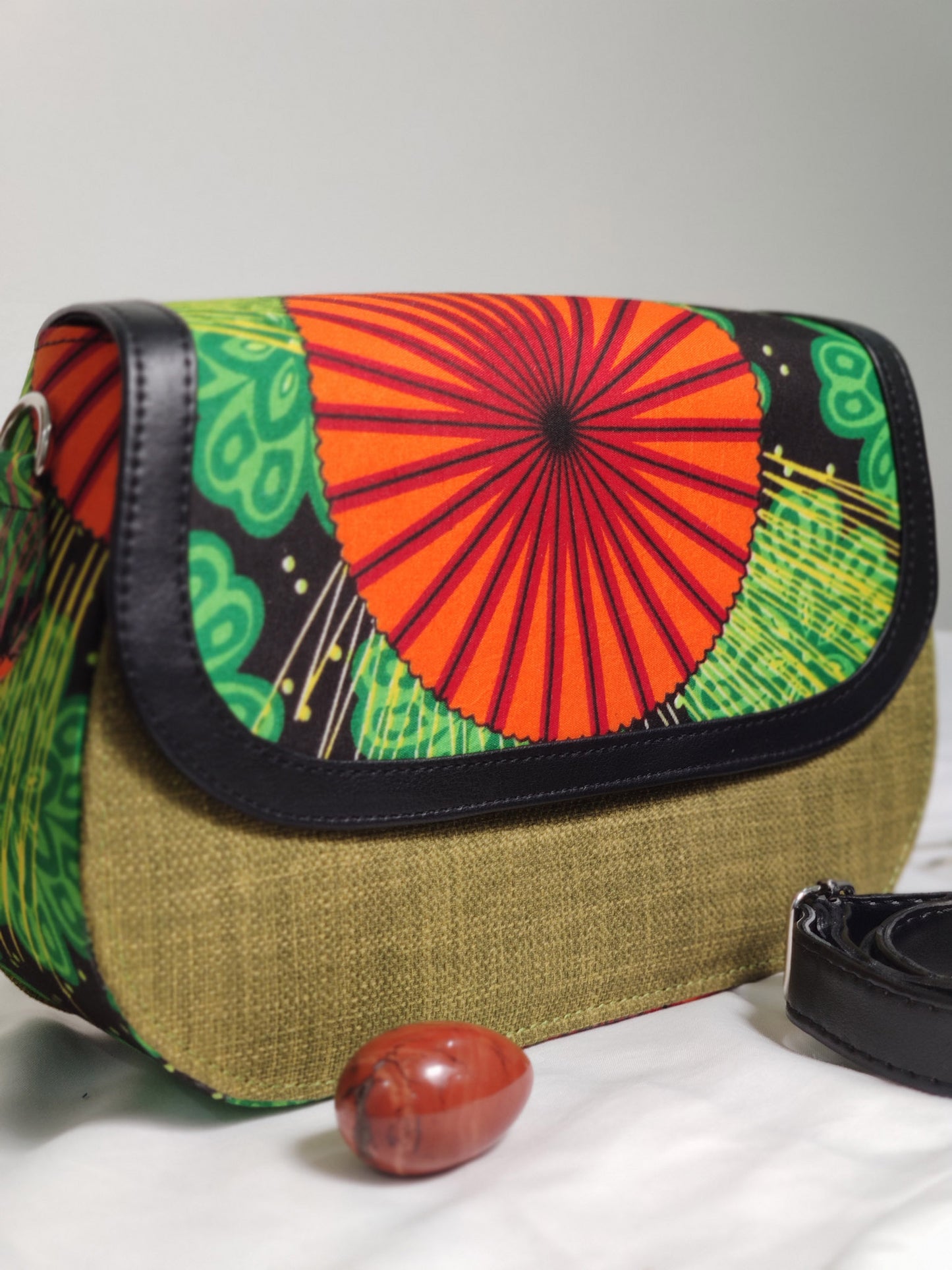 Ojo Raffia + Ankara Saddle Bag